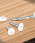 Sweet Deal Size 8 X 1 Truss Head Wood Screws With Zinc Coating Full Thread Self Tapping Fasteners Includes Easy Grip Screwdriver Bit For No Fuss Deck Building And Outdoor Repairs Pack Of 100 on a wooden surface.