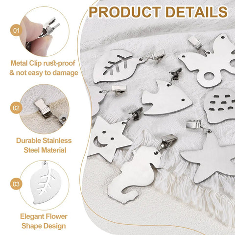 Stainless Steel Tablecloth Weights With Clips, Star Shaped Pendant 4 Pack, 2.83 x 2.48 Inch, 3.94 Inch Overall, Silver