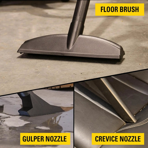 Floor, gulper, and crevice nozzles of Powerful 5 Gallon Wet Dry Shop Vacuum With 4 Peak HP, 85 CFM, 3 In 1 Blower.