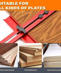 Slick Adjustable Router Bracket And Circle Cutting Jig For Woodworking showing scale on solid wood, particleboard, and decorative plates.