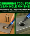 Deburring tool with blue handle used to smooth metal hole edge; three curved bits visible in the background