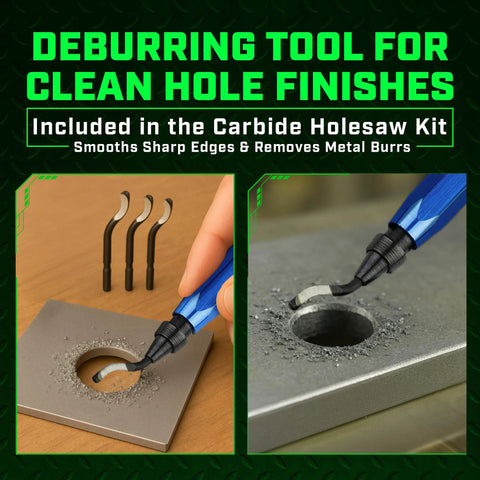 Deburring tool with blue handle used to smooth metal hole edge; three curved bits visible in the background