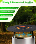 Heat Deflector For Fire Pit Fits Solo Stove Bonfire And Other 19.5 Inch Pits Stainless Steel Shield With Lifting Handle Smokeless Backyard Fire Pit Accessory displayed on a fire pit, showing sturdy handles and airflow design.