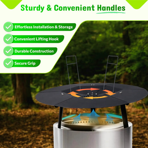 Heat Deflector For Fire Pit Fits Solo Stove Bonfire And Other 19.5 Inch Pits Stainless Steel Shield With Lifting Handle Smokeless Backyard Fire Pit Accessory displayed on a fire pit, showing sturdy handles and airflow design.