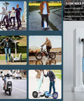 Collage of electric scooters, bikes, and hoverboards with 54.6V 2A Electric Scooter Charger LED display plugged in wall outlet