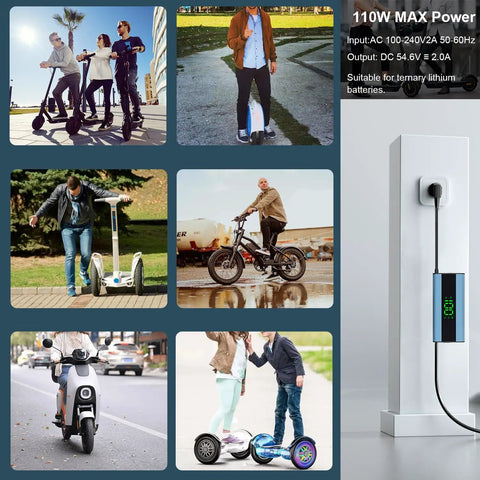 Collage of electric scooters, bikes, and hoverboards with 54.6V 2A Electric Scooter Charger LED display plugged in wall outlet