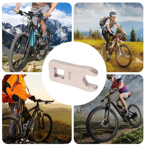 Totally Dead Nuts Precise 8mm Cycling Disc Brake Wrench And Cable Adjuster Tool shown with bikers using mountain bikes.