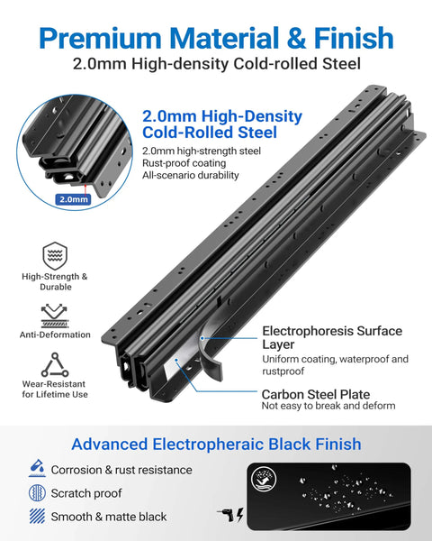 Beefed-Up Heavy Duty Under-Stair Drawer Slides Full Extension Bottom Mount Rails, 265 Lb Ball Bearing, cold-rolled steel material