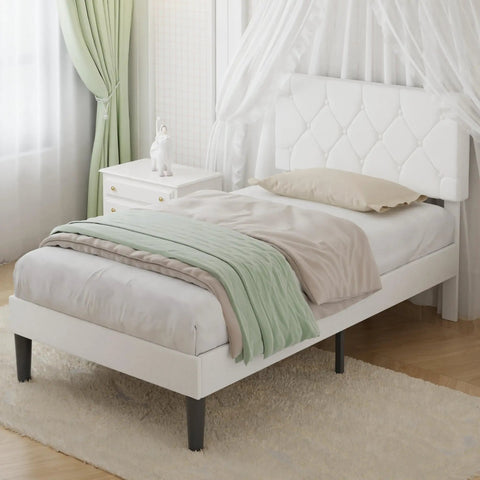 Twin Size Upholstered Platform Bedframe With Iconic Button Tufted Linen Headboard, Straight Up Comfy Memory Foam Cushioning, Heavy Duty Wood Slat Support, No Box Spring Required, Crisp White Aesthetic For Serious Sleep Vibes in a bright room.