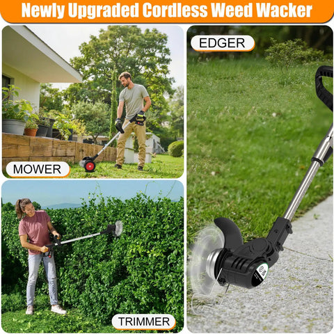 Cordless 3 In 1 Electric Weed Wacker With 21V Battery No String Trimmer Lawn Edger And Brush Cutter in use by two people