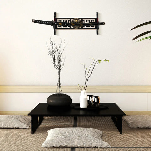 Room displaying One Tier Katana Wall Mount Sword Holder Dope Display Rack With Felt Strips For Blade Protection, solid wood construction.