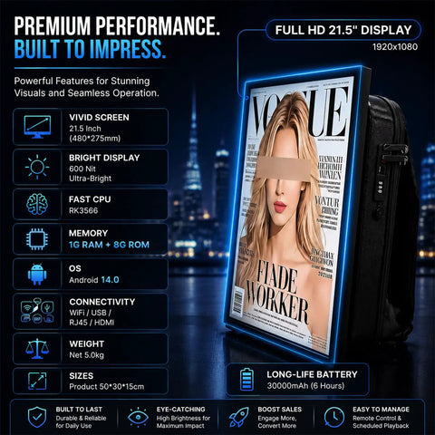 Portable Moving Billboard Backpack For Street Ads And Mobile Promotions Ultra Bright Hella Daylight Visible Lcd Screen Android Powered Gear For Small Business Hustlers with 21.5 inch display.