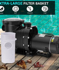 Heavy Duty 1.5 HP Pool Pump 115V 230V Dual Voltage 600GPH Self Priming Model with extra-large filter basket