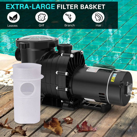 Heavy Duty 1.5 HP Pool Pump 115V 230V Dual Voltage 600GPH Self Priming Model with extra-large filter basket