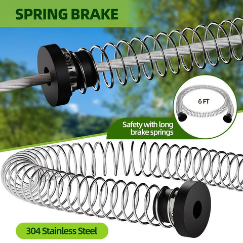 Close-up of safety spring brake component for backyard zipline kit for kids and adults up to 400 lbs with quick tighten system.