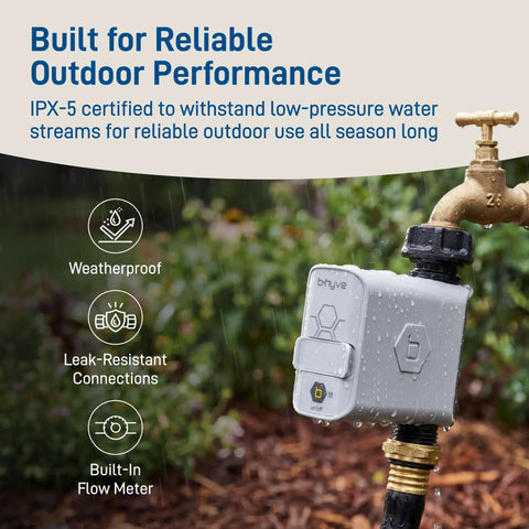 Smart Hose Timer With Wi Fi Hub For Lawn And Garden, App Controlled Outdoor Irrigation System, One Outlet shown attached to faucet