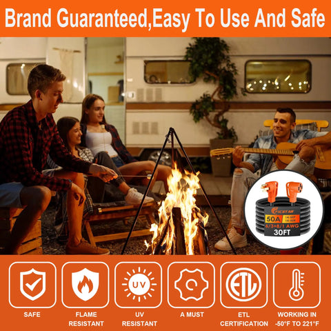 Group of people camping by a fire with 30 Foot 50 Amp RV Extension Cord With Grip Handle Built For Tough Jobs inset shown