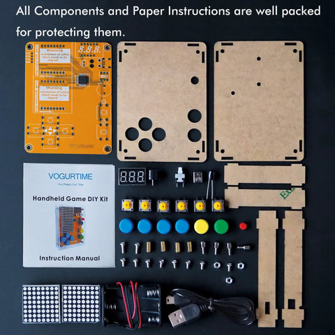 Hands On Solder Kit With Five Retro Game Classics For Electronics Practice And Learning components and instructions laid out