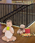 Baby sitting by stairway with Stairway Net Baby Safety Rail Banister Guard 15 Ft by 2.6 Ft Indoor Outdoor Black All Weather Mesh
