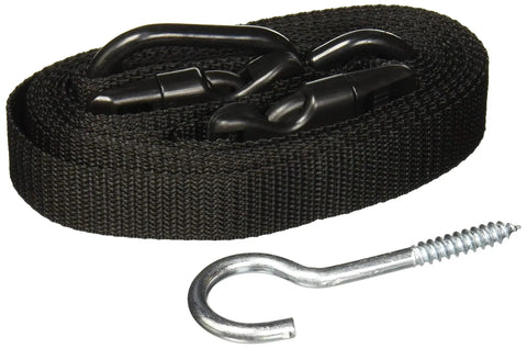Close-up of adjustable black nylon straps and metallic hook from Double Kayak Rack for Wall or Ceiling Mounts with Adjustable Straps Hang Two Kayaks and Paddles Off the Floor Perfect for Surfboards Paddleboards SUPs and Canoes Easy Space Saving Storage Solution kit