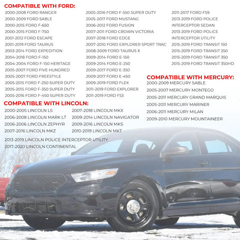Ford sedan parked with text showing compatible models for Ford Engine Oil Filler Cap That Fits Select Lincoln Mercury Models And Keeps Your Ride Rolling Fits F250 F350 F450 E150 E250 E350 Ranger Mustang Explorer Taurus Windstar Grand Marquis EP5Z6766A EC787 Replacement.