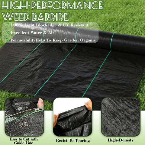 4 By 50 Ft Weed Barrier Landscape Fabric with 20 U Shaped Stakes Heavy Duty 3.2 Oz Ground Cover for Garden Beds displayed on lawn