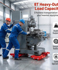 4 Piece Heavy Duty Machinery Skates Set With 8 Ton Total Load Capacity, Each Unit Handles Up To 2 Tons, Built For Smooth Cargo Moving And Industrial Equipment Handling. Workers move a heavy milling machine on red steel skates.