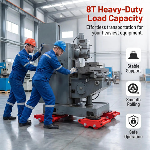 4 Piece Heavy Duty Machinery Skates Set With 8 Ton Total Load Capacity, Each Unit Handles Up To 2 Tons, Built For Smooth Cargo Moving And Industrial Equipment Handling. Workers move a heavy milling machine on red steel skates.