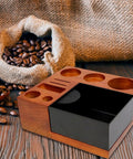 Solid Wooden Espresso Tamping Station With Fully Integrated Knock Box And Precision 58Mm Tamper Stand For Sapele Wood, with coffee beans.