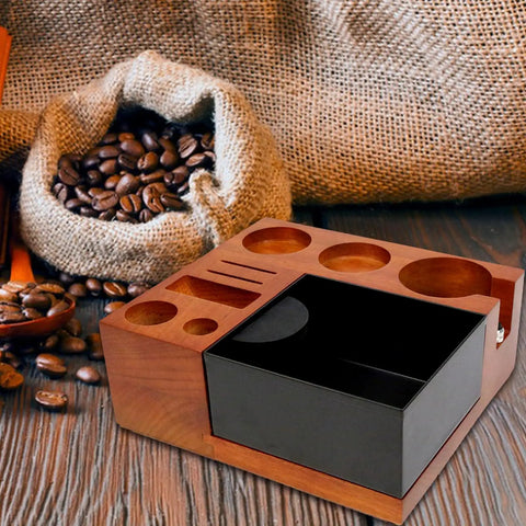 Solid Wooden Espresso Tamping Station With Fully Integrated Knock Box And Precision 58Mm Tamper Stand For Sapele Wood, with coffee beans.