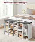 Open Storage Shoe Bench With Padded Seat And 20 Compartments, A Practical Entryway Organizer For Bedroom Or Hallway, 12 Inch Depth By 47.2 Inch Width By 24.7 Inch Height, Cloud White And Dove Gray Finish, Durable placed by bedside with items stored