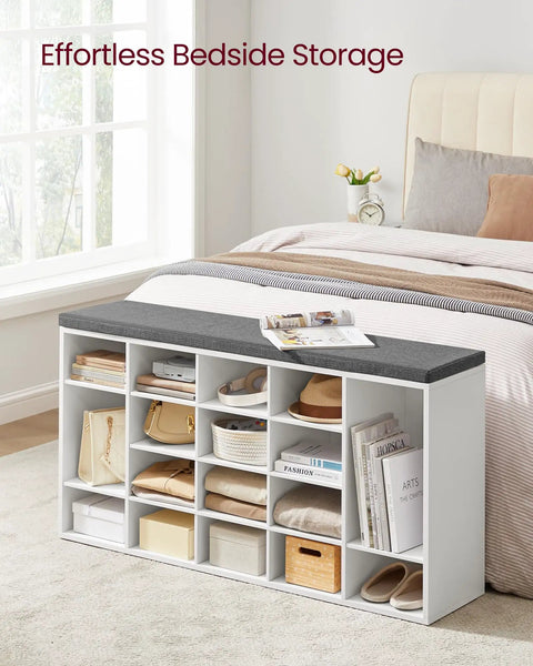 Open Storage Shoe Bench With Padded Seat And 20 Compartments, A Practical Entryway Organizer For Bedroom Or Hallway, 12 Inch Depth By 47.2 Inch Width By 24.7 Inch Height, Cloud White And Dove Gray Finish, Durable placed by bedside with items stored