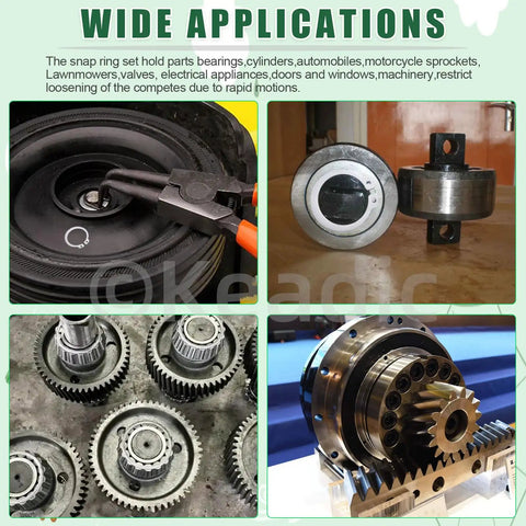 Heavy Duty C Clip And E Clip Snap Ring Set Kit 303 Pcs With 21 C Clip Sizes M4 To M28 And 10 E Clip Sizes 1.5mm To 10mm Plus Tweezers Stainless Steel For Grooved Shafts Pins And Studs installed on gear shafts and machinery components