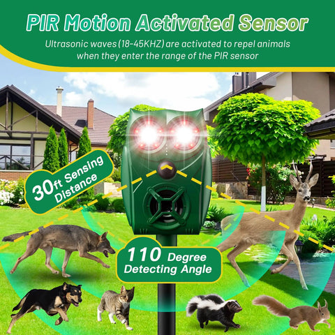 Solar Powered Ultrasonic Animal Repellent With Motion Sensor And LED Flashing Lights For Outdoor Yards Waterproof Device To Repel Deer Coyotes Raccoons And Cats in garden