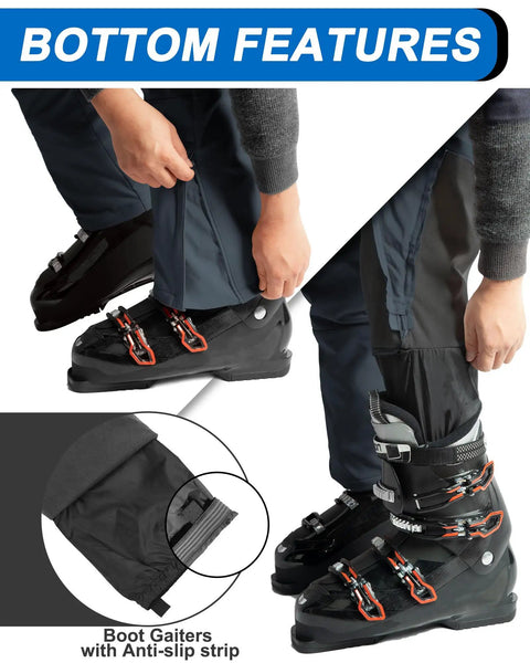 Close-up of 33,000ft Insulated Bibs For Men Snow Ski Pants Overalls showing boot gaiters with anti-slip strip detail