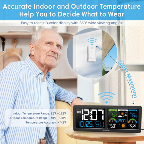 Wireless Indoor Outdoor Weather Station With Atomic Clock, Large 5.9 Inch HD Color Display, Digital Temperature Humidity Monitor