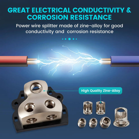 Two Way Power And Ground Distribution Block For Car Audio Zine Alloy In 0/2/4 Gauge And Out 4/8 Gauge Two Channel Amplifier Splitter Heavy Duty Grounding And Power Hub For Easy Install 1 Piece, zine alloy