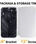 Black Stainless Steel L Brackets Set of 18 With 72 Screws Storage Tin shown with open lid showing contents