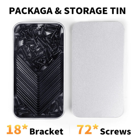 Black Stainless Steel L Brackets Set of 18 With 72 Screws Storage Tin shown with open lid showing contents