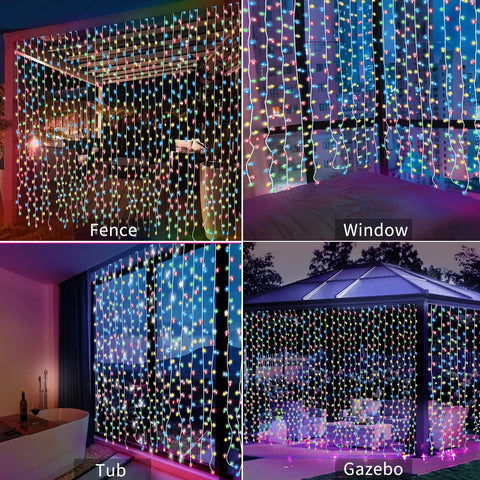 Outdoor Solar Curtain String Lights With 300 Super Bright Warm White LEDs Remote Control 8 Modes Waterproof in various settings