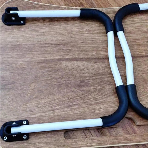 Heavy Duty Folding Desk Legs Set With U Shape Support, shown flat, includes mounting screws on wooden surface