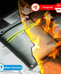 Upgraded Fireproof Document Bag With Waterproof Zipper Mega 15x11 Inch Capacity shown amidst flames and water droplets