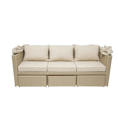 Top Shelf Wicker Patio Couch With Cabana Canopy And Ottoman Set Featuring Three Seat Bench Plus Coffee Table For Chill Backyard Hangouts With Zero Stress
