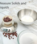 Stainless Steel Digital Kitchen Scale With Bowl For Food And Coffee Lab LCD Display No Fuss Five Easy Unit Modes Grams Ounces Pounds Milliliters Fluid Ounces One Gram To One Tenth Ounce Increments Tare Function Battery Included Silver with chocolate and coffee; measure solids and liquids; 12 lb (5.5 kg) capacity.