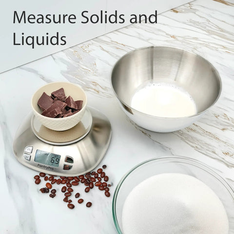 Stainless Steel Digital Kitchen Scale With Bowl For Food And Coffee Lab LCD Display No Fuss Five Easy Unit Modes Grams Ounces Pounds Milliliters Fluid Ounces One Gram To One Tenth Ounce Increments Tare Function Battery Included Silver with chocolate and coffee; measure solids and liquids; 12 lb (5.5 kg) capacity.