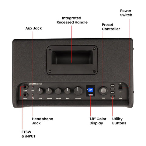 Top view of Mustang LT25 Guitar Combo Amp Bundle showing controls with headphone jack, input, handle, and display.