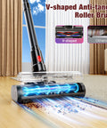 Cordless Vacuum Cleaner With 450W Motor And 40KPa Max Suction demonstrating V-shaped anti-tangle brush on hardwood floor