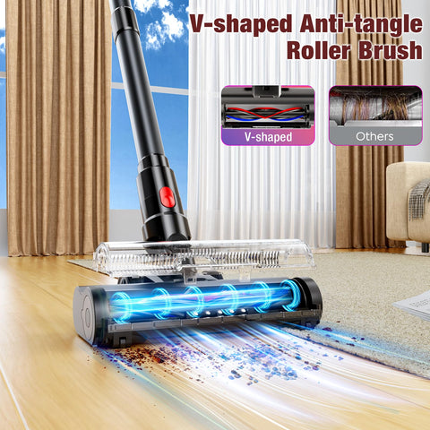 Cordless Vacuum Cleaner With 450W Motor And 40KPa Max Suction demonstrating V-shaped anti-tangle brush on hardwood floor