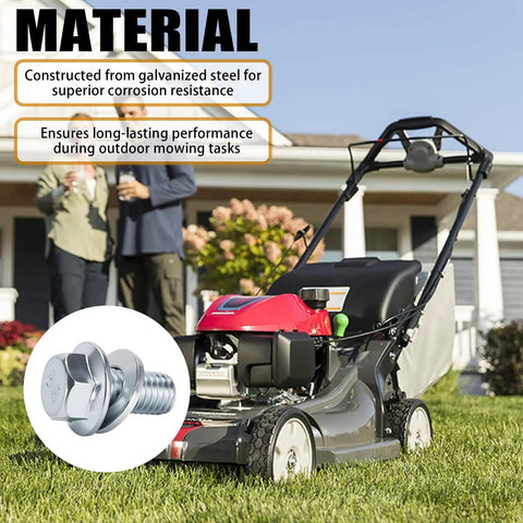 Honda 21 Inch Mower Blade Hex Bolts Kit M10 By 1.25 with lawn mower on grass, showing galvanized steel bolts inset