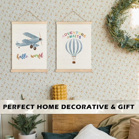 Epic Hot Air Balloon And Airplane Nursery Decor Set Of 2 Posters For Boys Room 12x16 Inch Baby Boy Wall Art With Built In Wooden Hanger Frame Perfect Nursery And Toddler Playroom Hanging Sign showing wall display with wreath decor.